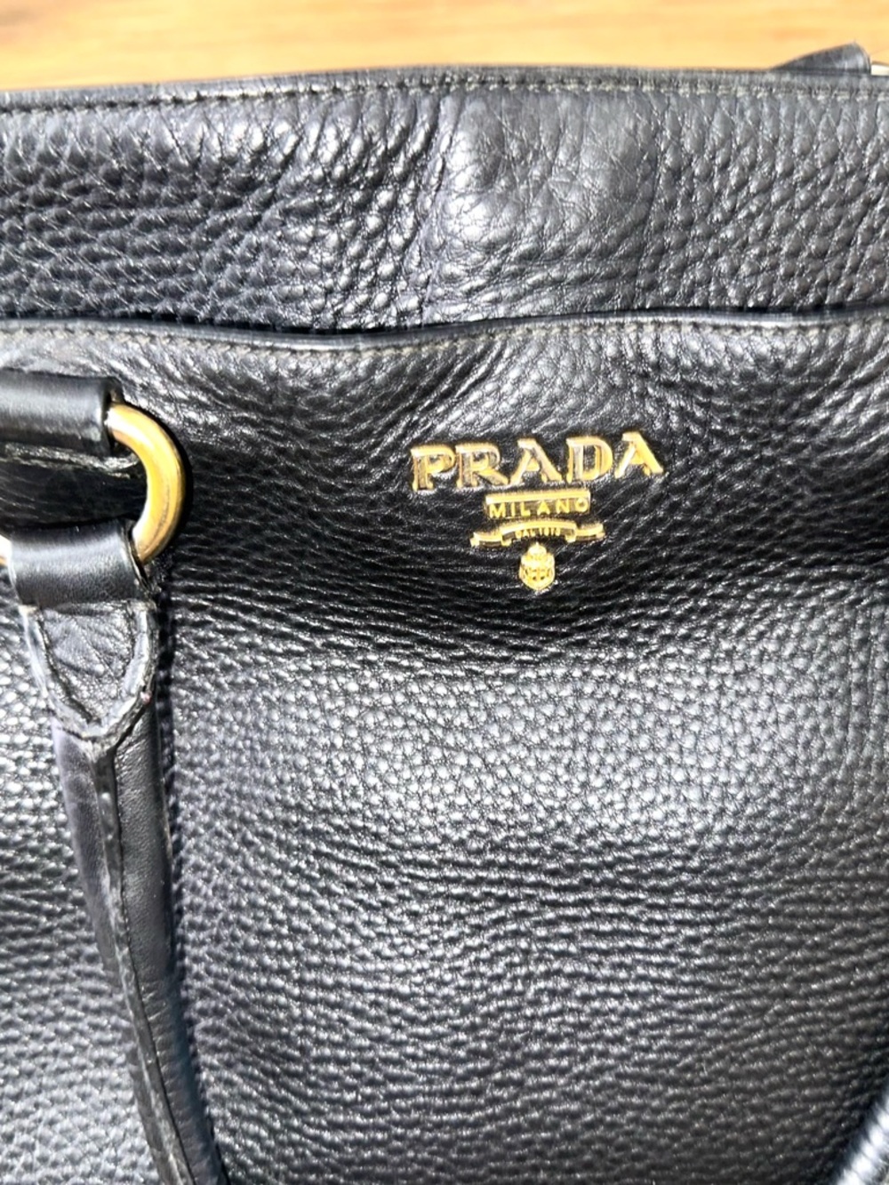 Authentic Prada Pebbled Leather Shoulder Tote Classic Black Gold Hardwear - Picture 7 of 16